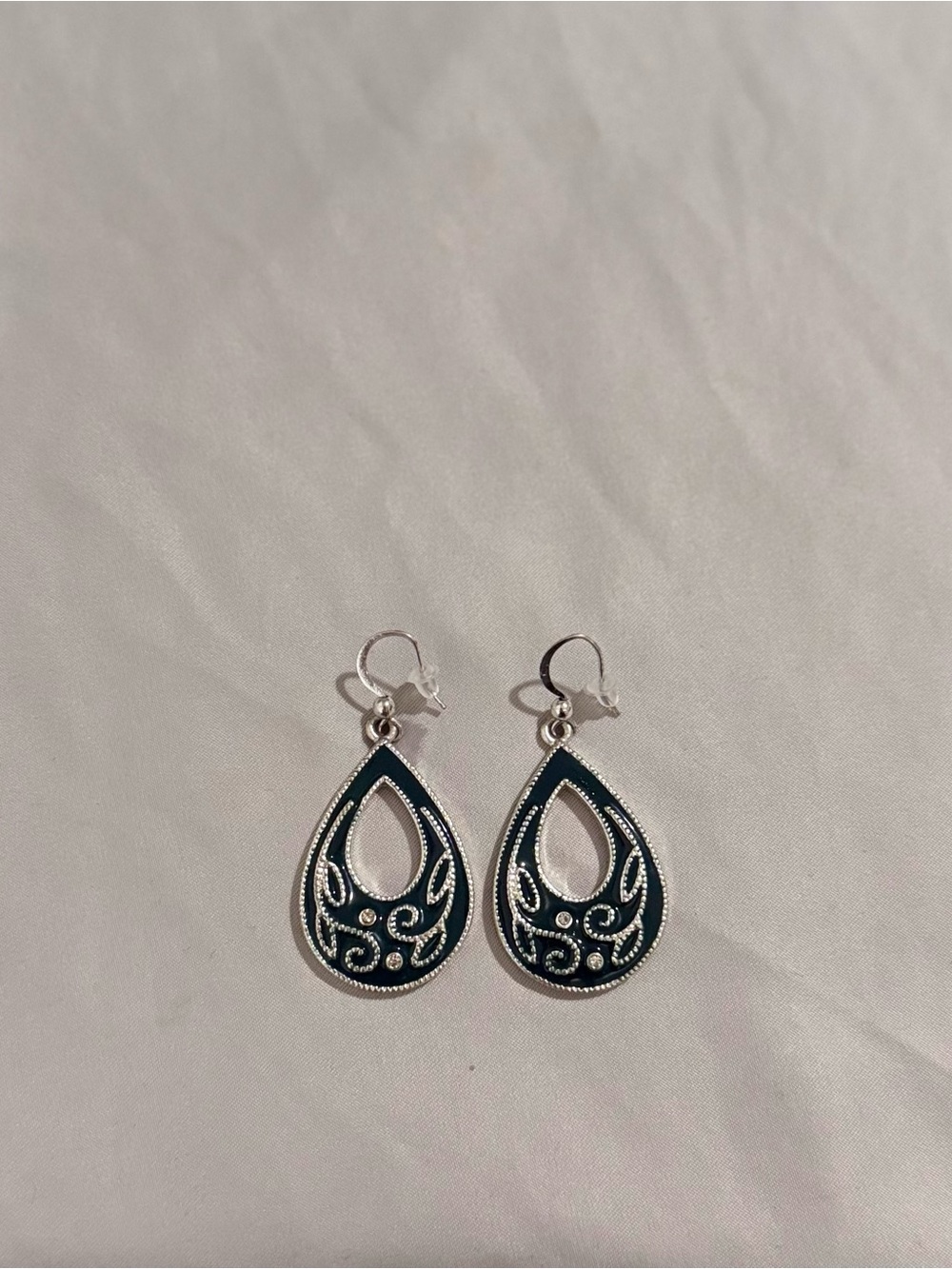 Boho Silver-tone Black Enamel Teardrop Dangle Earrings